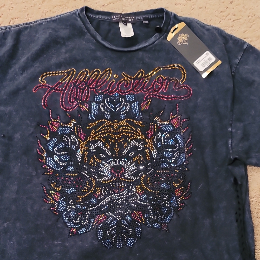 Affliction Black Label Cropped XL Dark Blue Embellished Graphic Tee